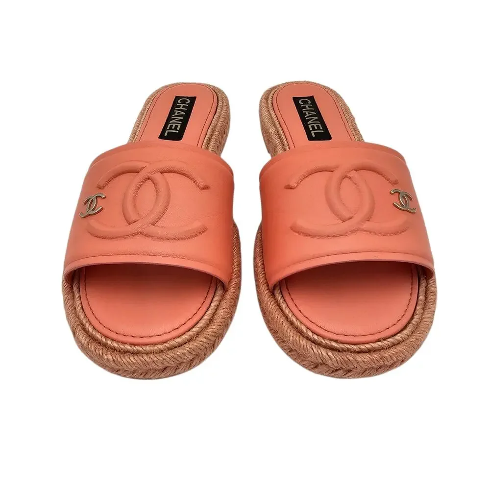 Chanel CC Logo Orange Coral Leather Flat Slide Sandal Jute Size 41 10 10.5